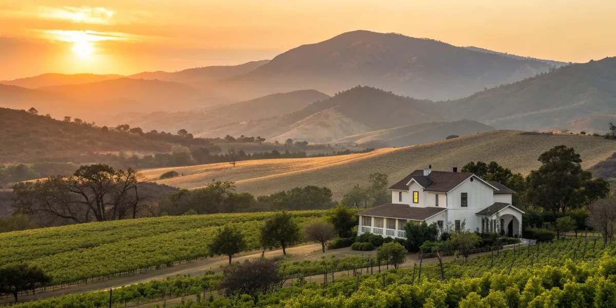 California home nestled in a vineyard at sunset.