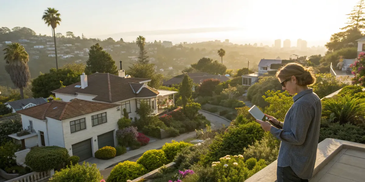 California homeowner checks insurance rates for her zip code on a tablet.
