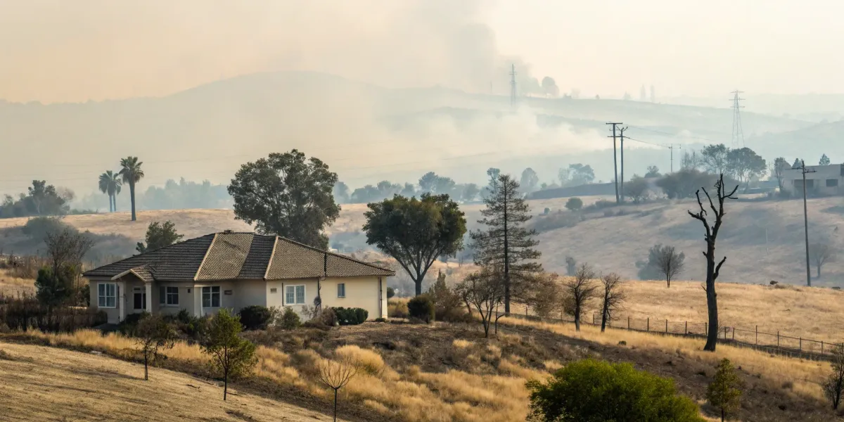 A California home in a dry landscape under a smoky sky, a scene from the homeowners insurance crisis.