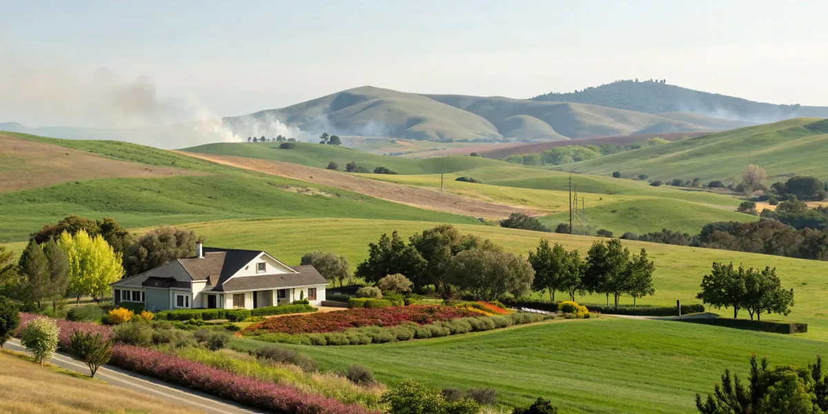 California house in a high-risk fire zone with wildfire smoke on the horizon.