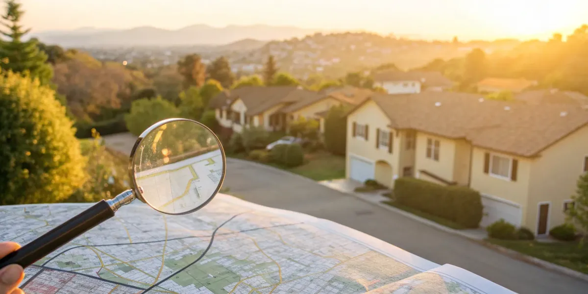 Magnifying glass over a map of homes for a homeowners insurance zip code lookup.