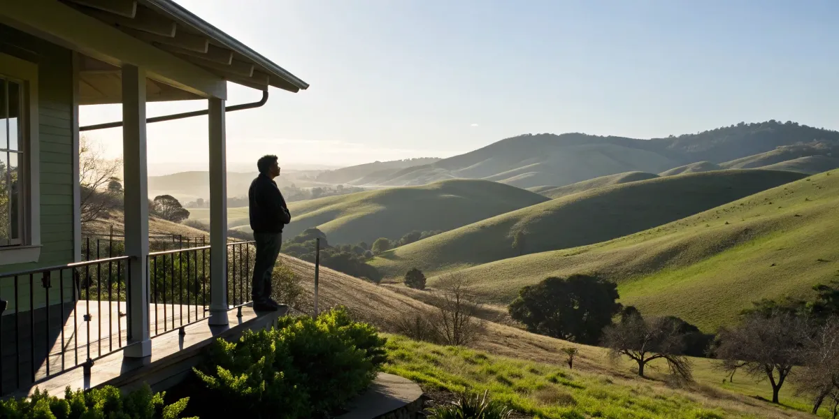 Man on a porch overlooking California hills, finding home insurance during a crisis.