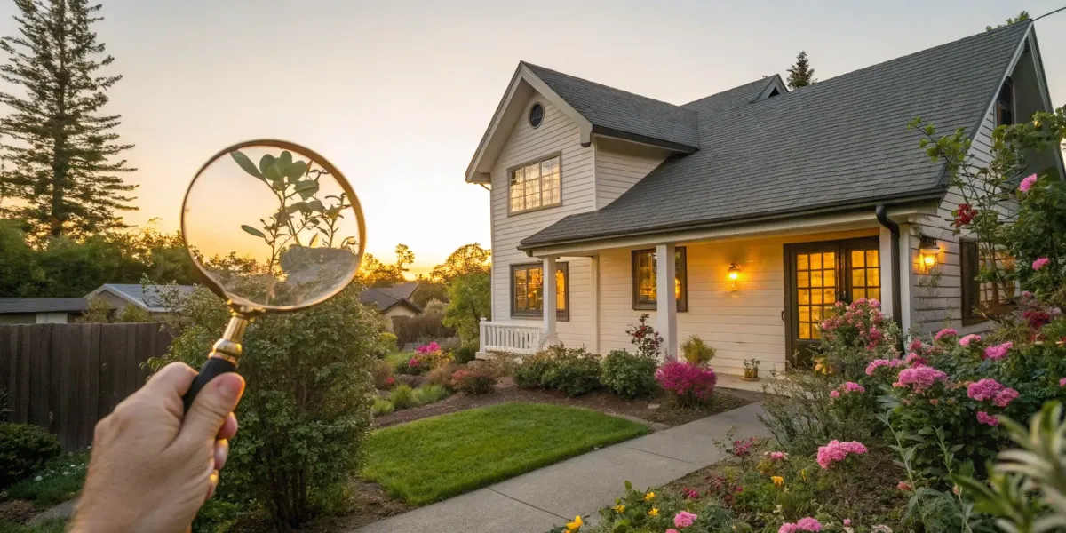 Searching for California home insurance providers with a magnifying glass over a home.