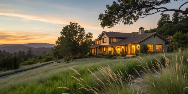 How to find home insurance for a California house nestled in the hills at sunset.
