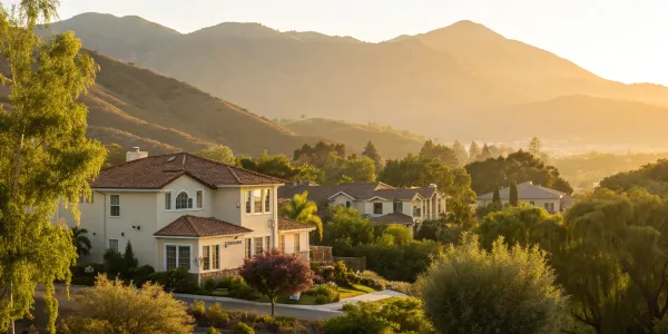 California homes in a scenic landscape, covered by top homeowners insurance carriers.
