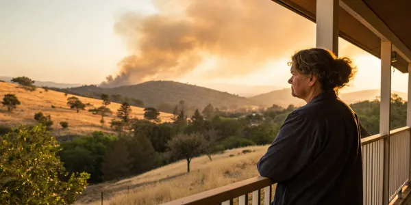 A homeowner in California watches wildfire smoke after her home insurance was dropped.